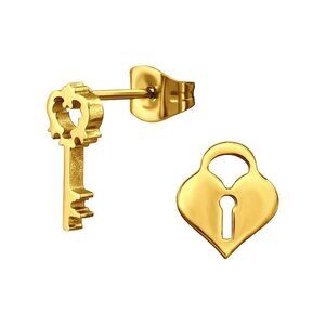 Stainless Steel Gold Key and Lock Earrings